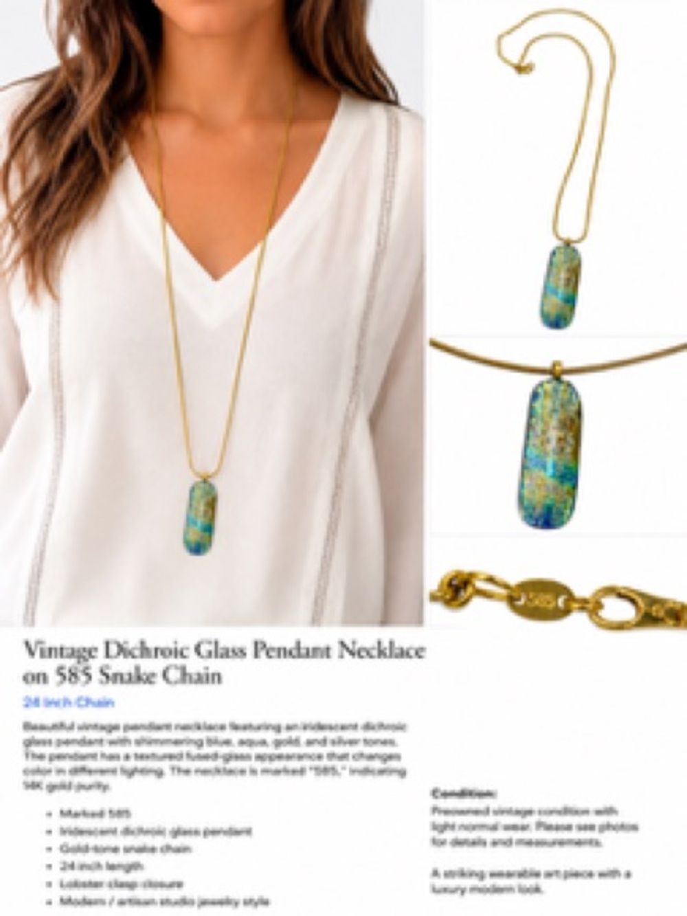Vintage Iridescent Dichroic Glass Pendant/Necklace on 24” 585/14k Snake Chain